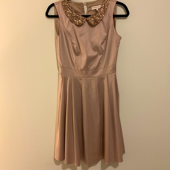 Satin sand colored skater dress with sequin collar - Picture 1 of 9